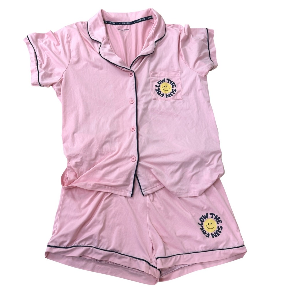 Life is Good Sleep Pink‎ Follow The Sun Smiley Pajama Set Shorts Shirt Large